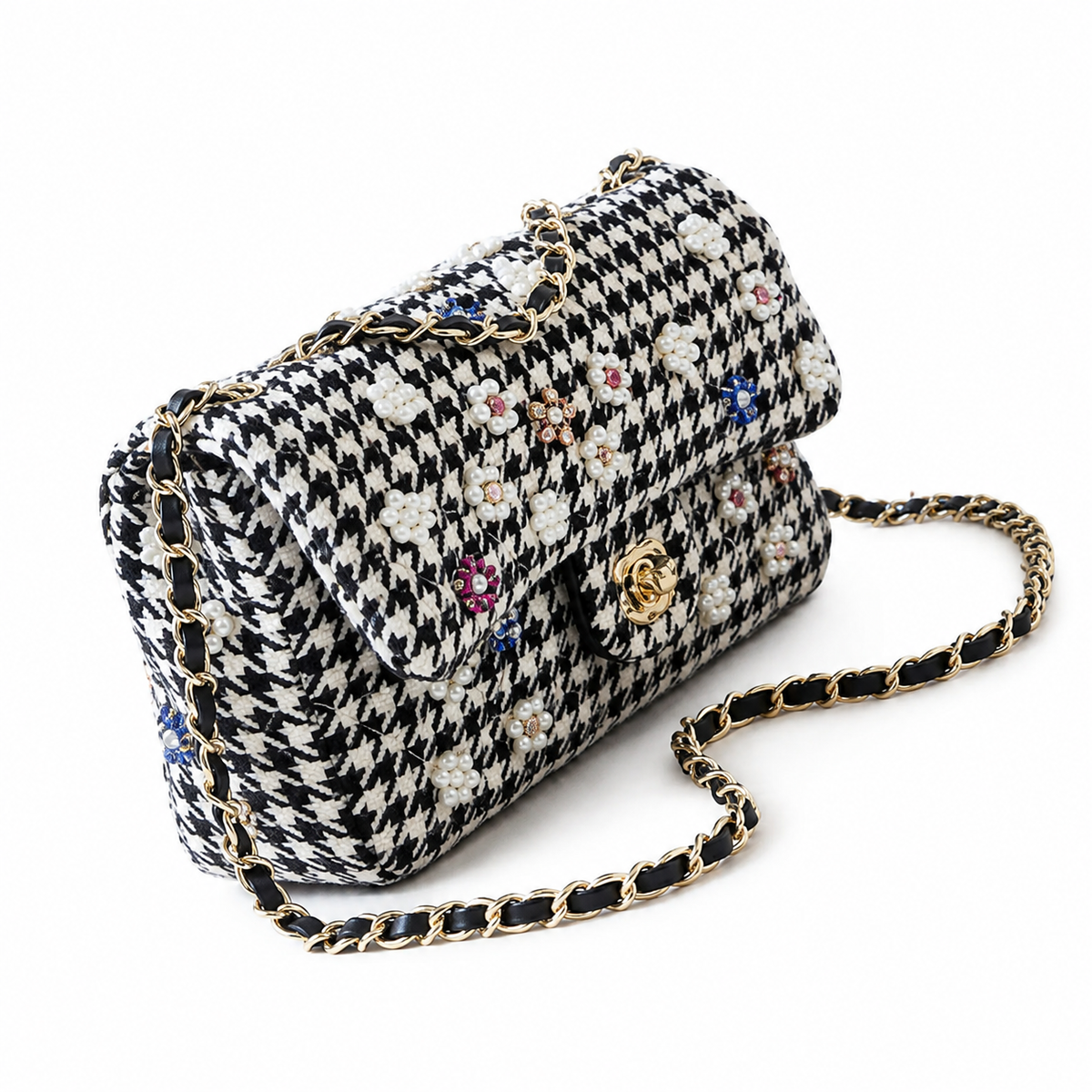 Chanel Black & White Houndstooth Tweed Box Bag with Pearl & Crystal Flower Embellishments