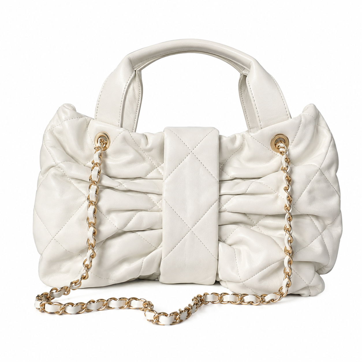Chanel Quilted Lambskin Large Bowling Tote | CC Pocket Gold Chain White — 29x38cm