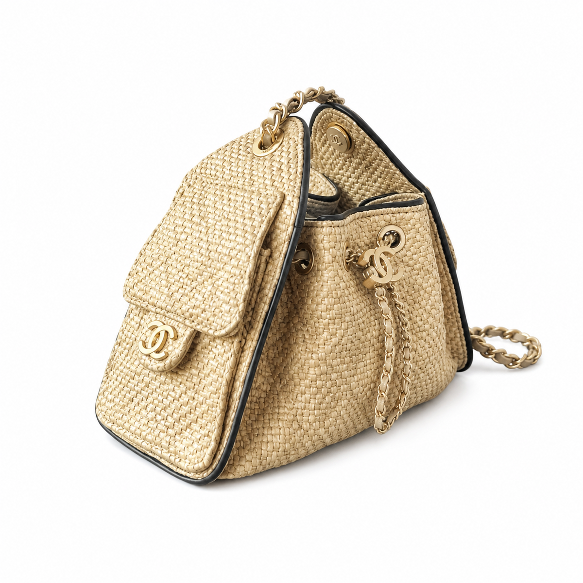 Chanel Raffia Drawstring Bucket Bag Natural Beige | Oversized Gold CC Medallion — 22cm