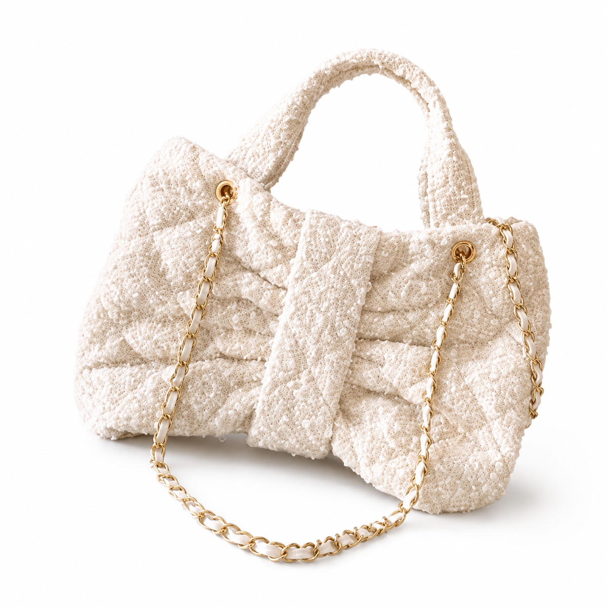 Chanel Bouclé Tweed Large Shopping Tote | CC Gold Chain Ivory White — 29x38cm