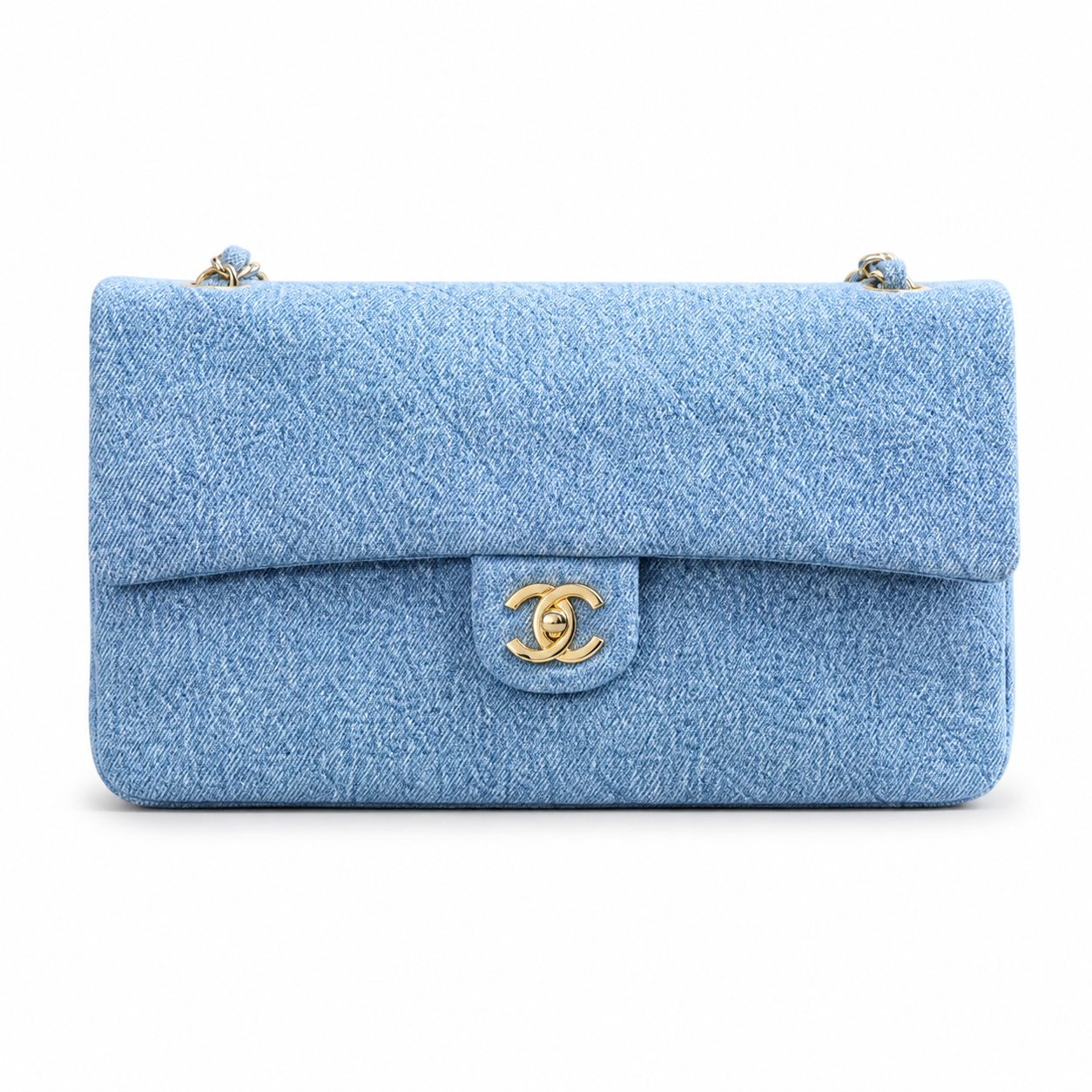 Chanel Classic Double Flap Bag Light Blue Quilted Denim | Gold Chain & Burgundy Zip Accents — 32cm