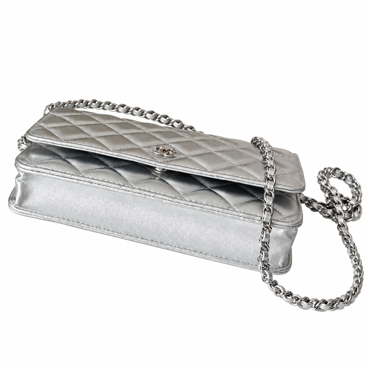 Chanel Wallet on Chain Quilted Metallic Lambskin Silver 19cm