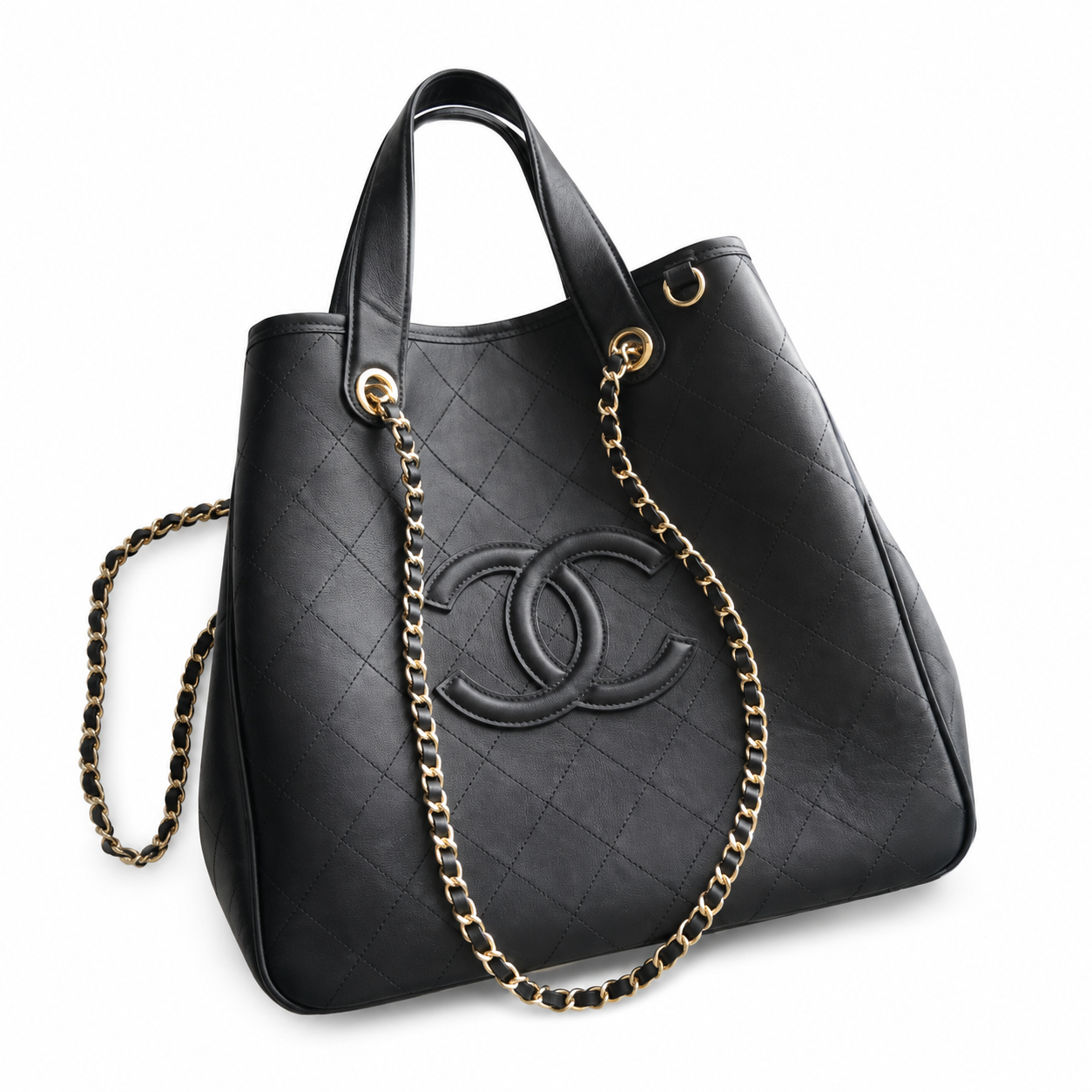 Chanel Black Caviar Leather Large Quilted Shopper Tote | Dual Handles & Gold CC Chain