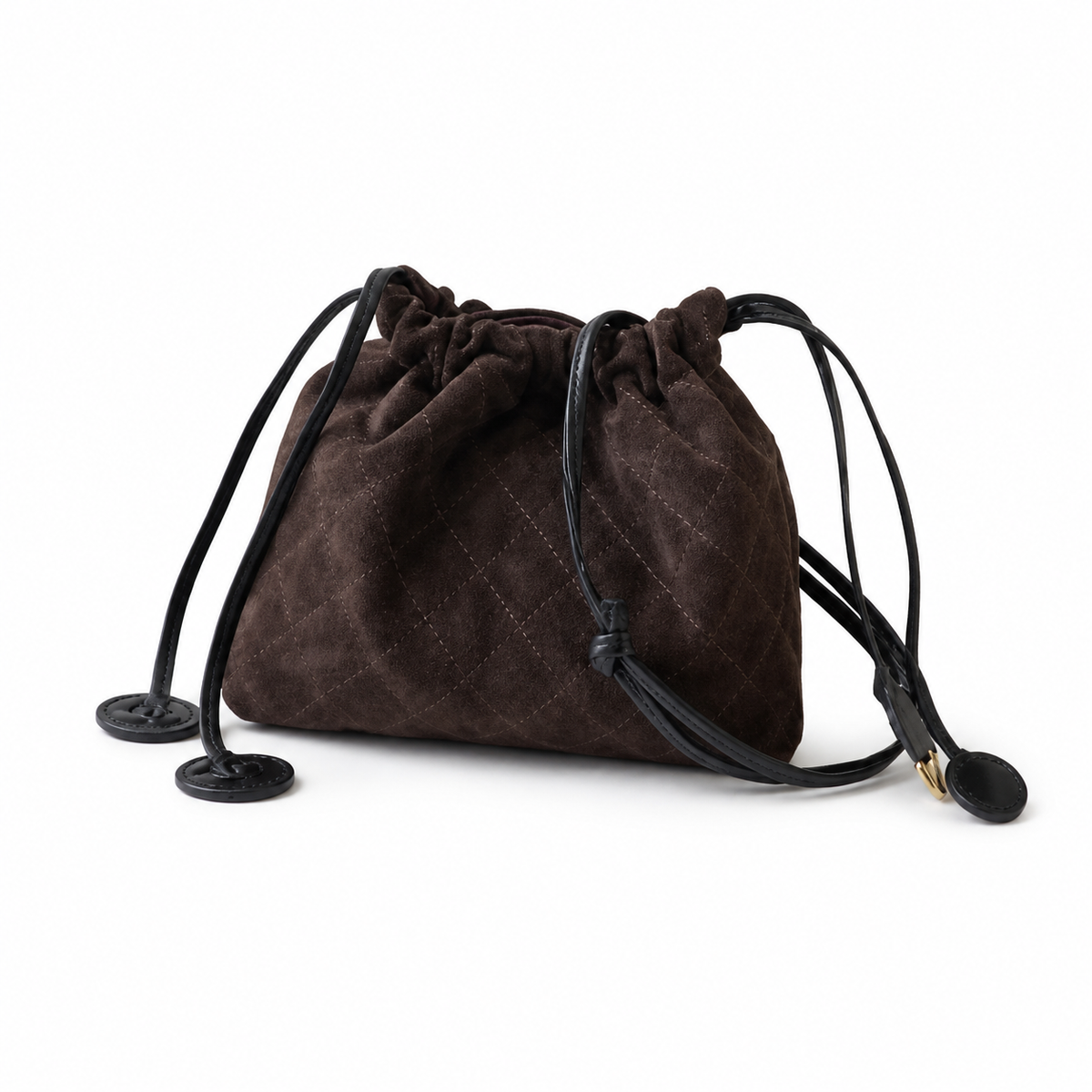 Chanel Chocolate Quilted Suede Drawstring Bucket | Black Cords & Bordeaux Interior — 22cm