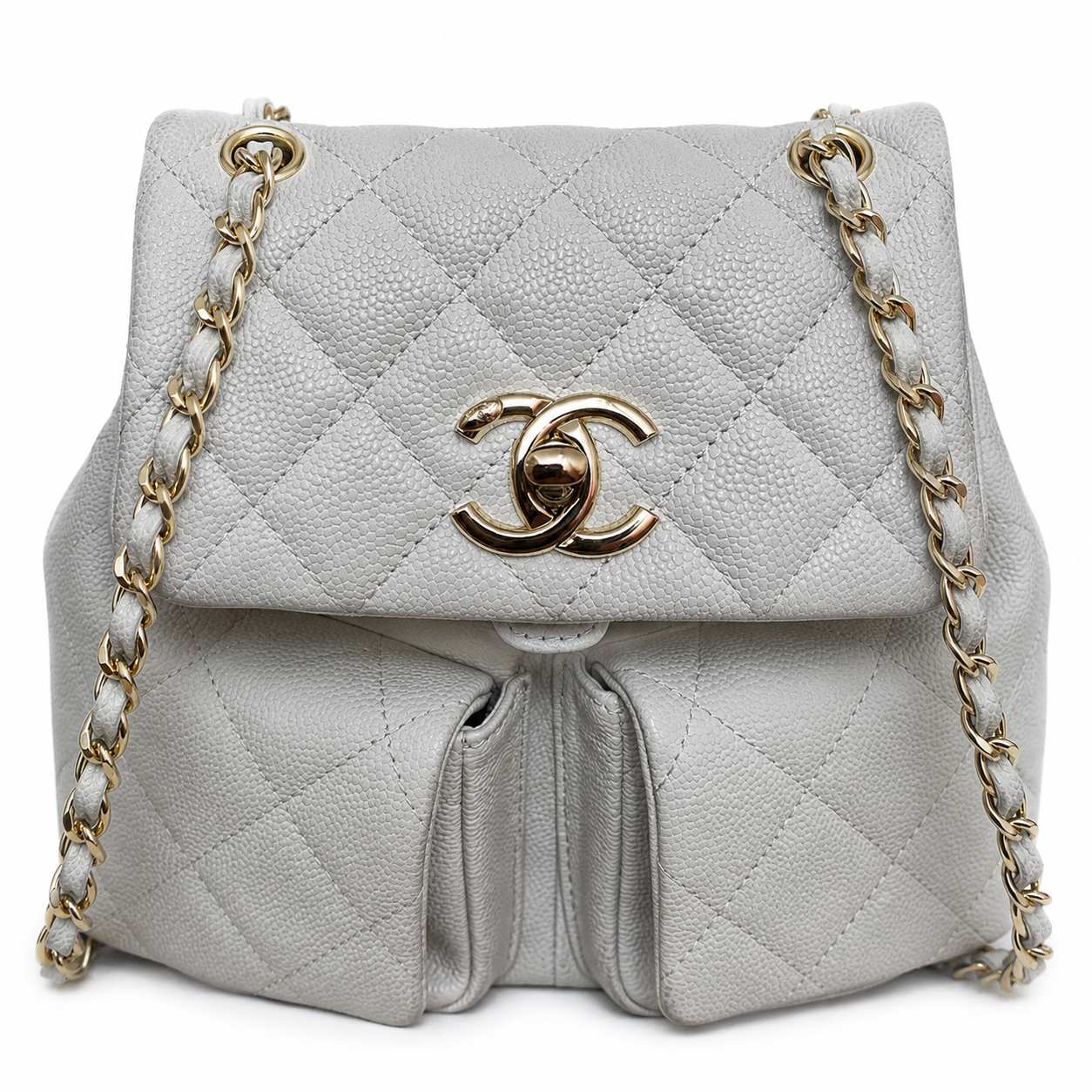 Chanel Caviar Quilted Backpack | Gold Chain CHANEL Tag White — 20.5x20cm