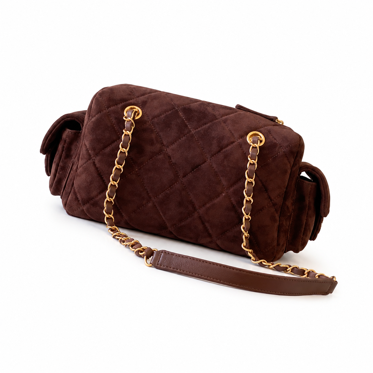 Chanel Deep Chocolate Brown Suede Quilted Camera Bag | Gold CC, Tonal Side Pockets & Double Chain with Brown Interlace