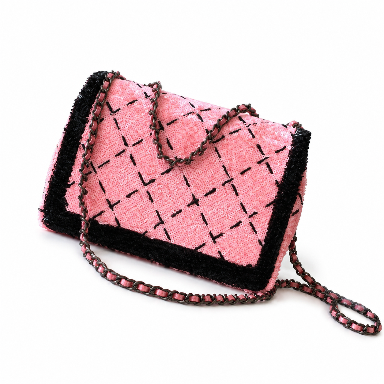 Chanel Pink Oversized Sequin Quilted Diamond Flap Bag | Black Micro-Sequin Grid & Border Frame, Gunmetal Chain