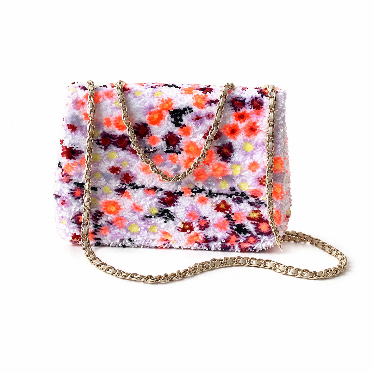 Chanel White Sequin Impressionist Floral Flap Bag | Coral, Pink & Lavender Clusters, Light Gold CC & White Leather Chain
