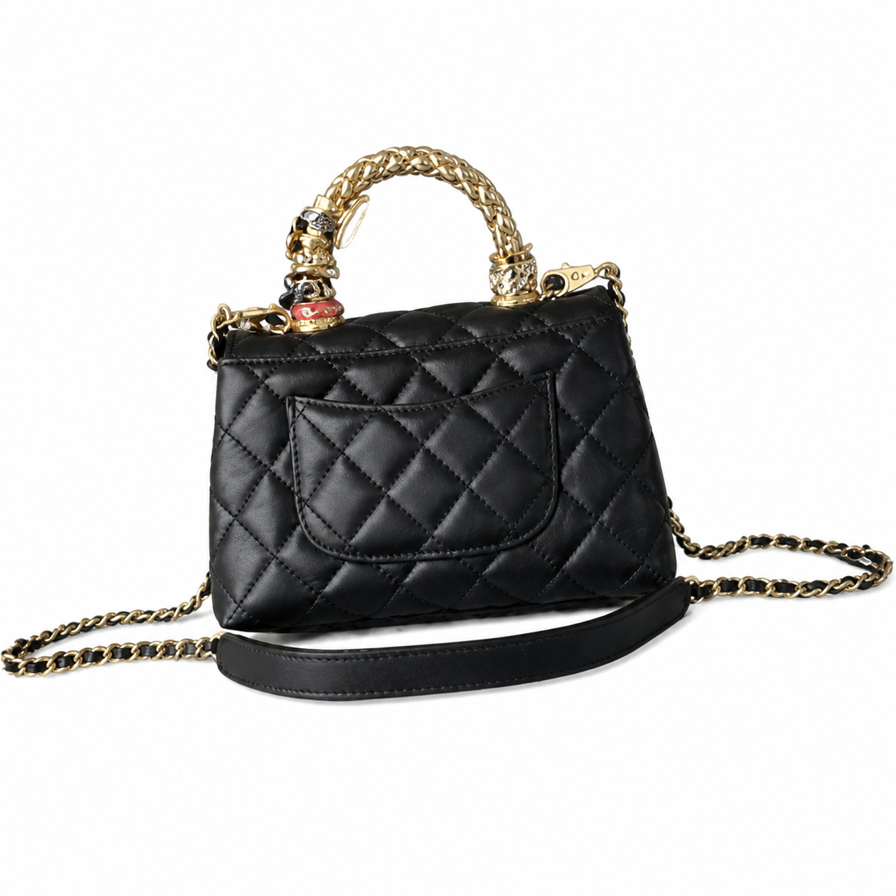 Chanel Black Quilted Lambskin Mini Flap | Jeweled Handle & Garnet Gemstone — 19cm