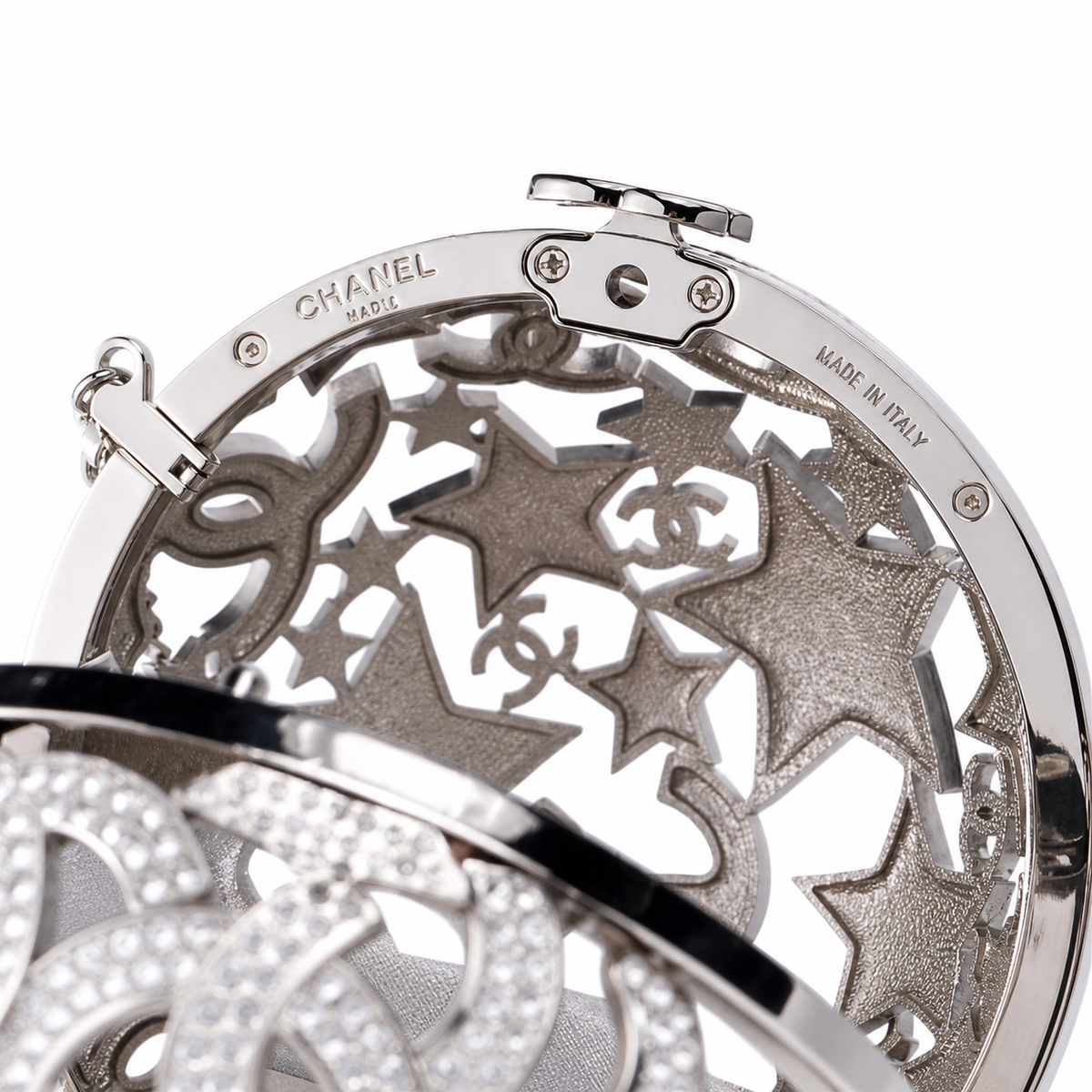 Chanel CC Crystal Star Globe Minaudiere | Silver Filigree & Chain — 13cm
