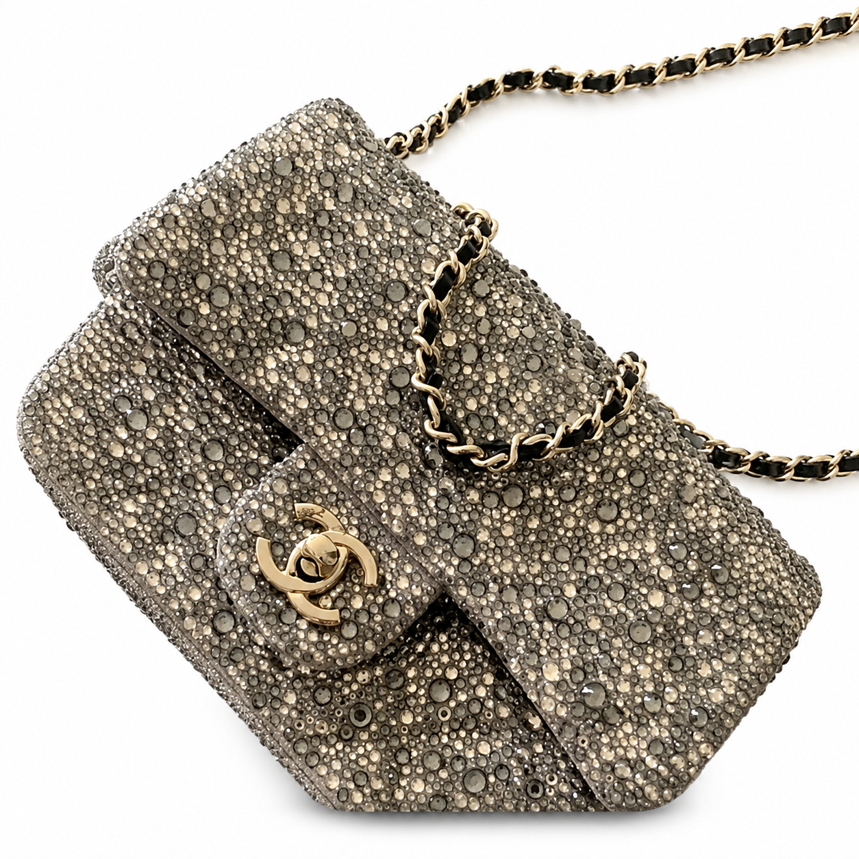 Chanel Grey Suede Monochrome Rhinestone Flap Bag | Silver-Grey Crystal Base, Black Hematite Scatter & Square CC Turn-Lock