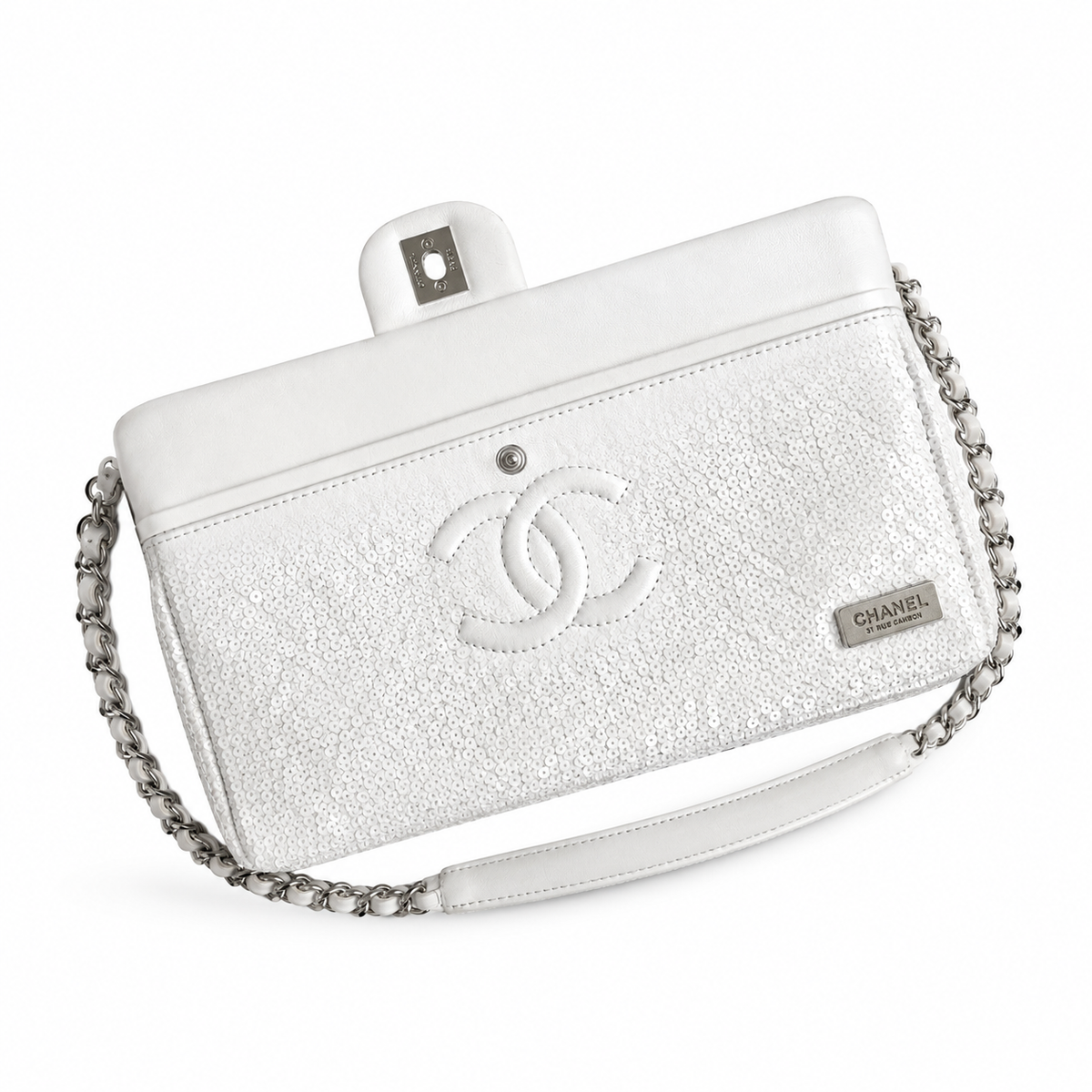 Chanel White & Silver Sequin Leopard Classic Flap Bag
