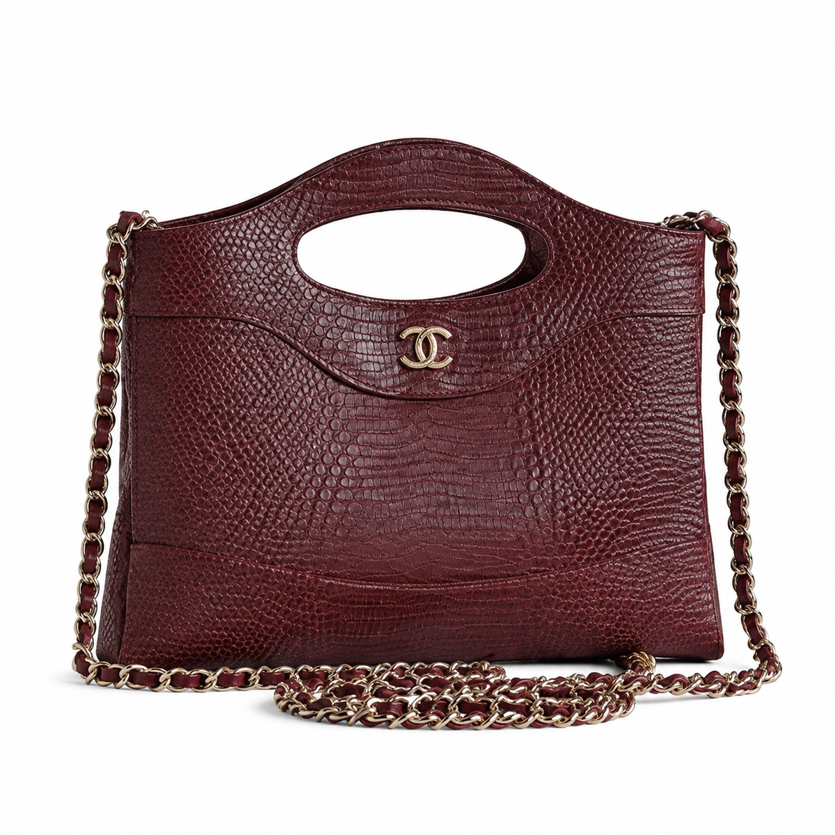 Chanel Burgundy Lizard-Embossed Leather Tote | Cut-Out Handle & Ruthenium Chain Strap