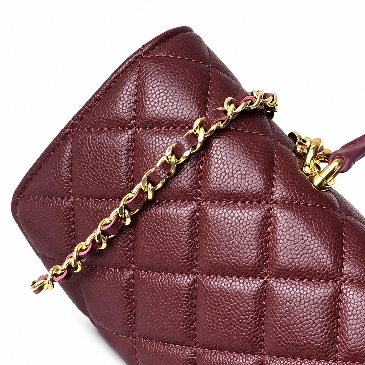 Chanel Dark Burgundy Diamond-Quilted Grained Leather Elongated Flap Bag | Top Handle & Gold Chain
