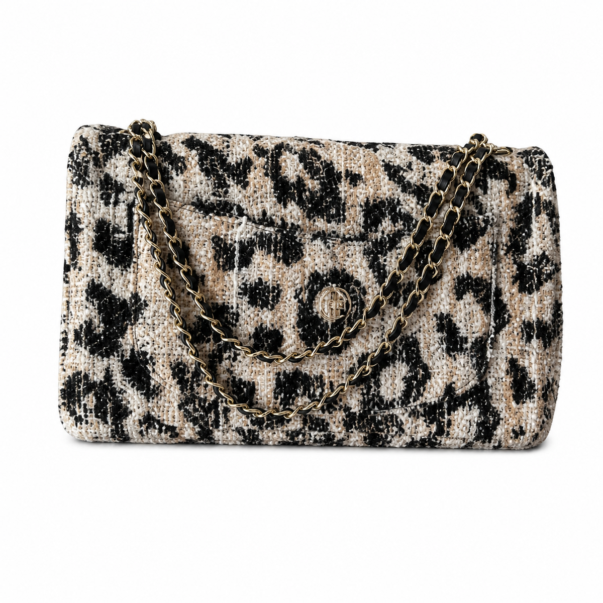 Chanel Classic Flap Bag Leopard Print Tweed Black Beige | Aged Gold CC — 32cm