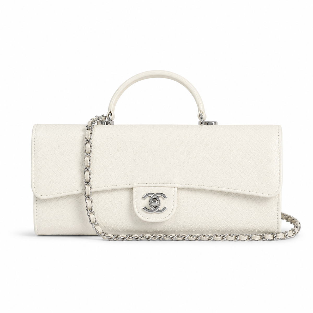 Chanel CC Embossed Cylindrical Flap Bag | White & Silver — 25cm