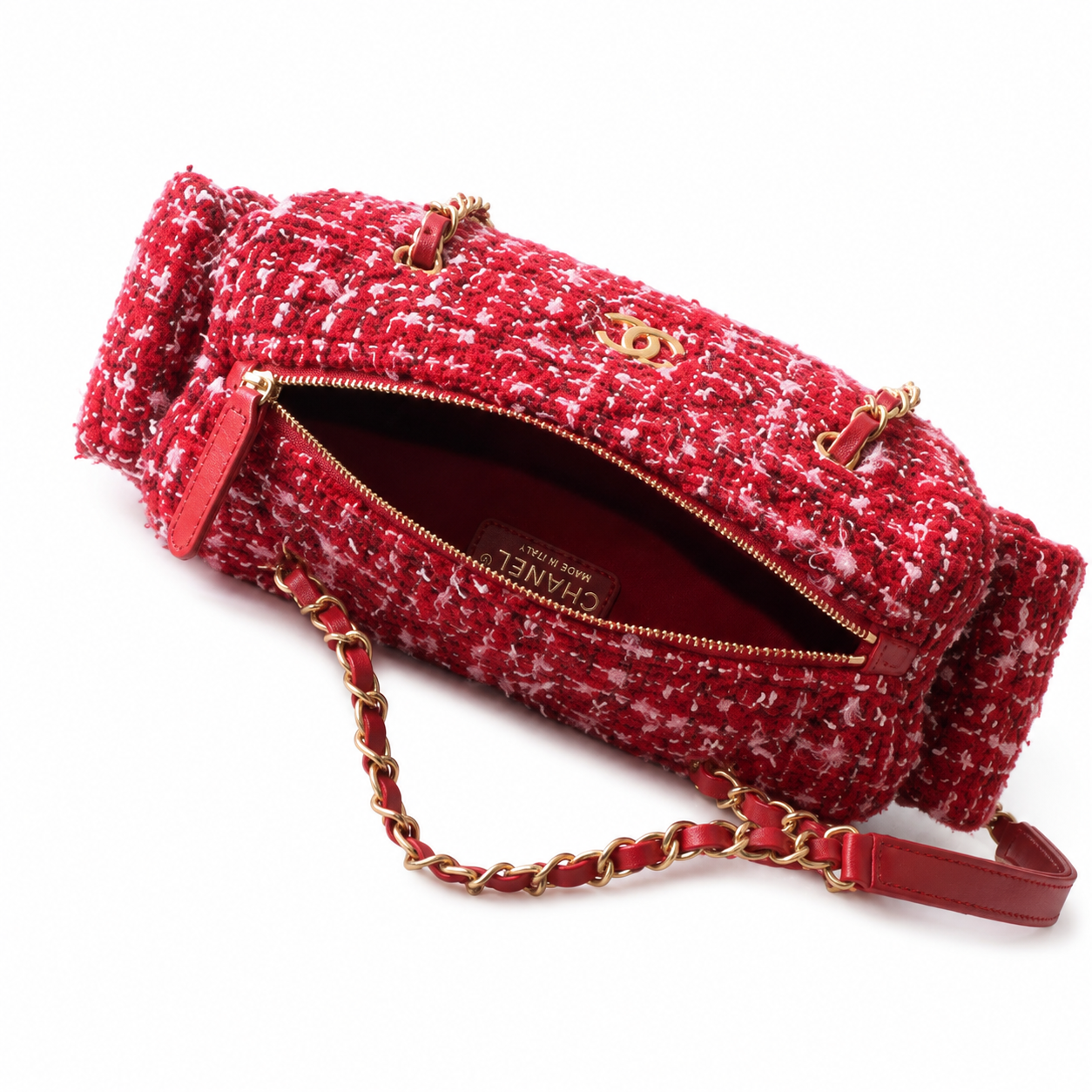 Chanel Red Multicolour Bouclé Tweed Camera Bag | Front Zip Pocket, Antique Gold CC & Red Leather Chain