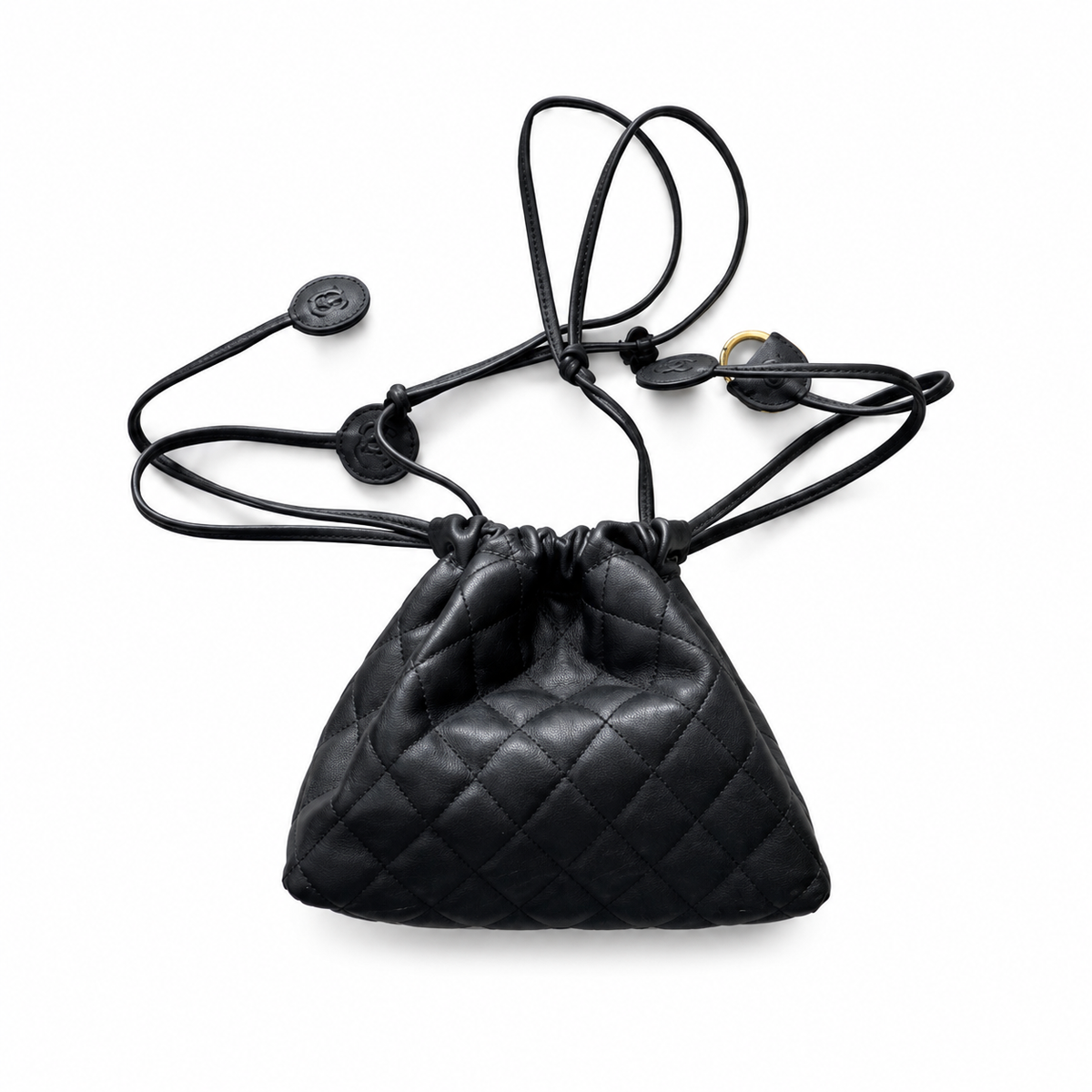 Chanel Black Lambskin Quilted Drawstring Bucket Bag | Four CC Coin Charms & Adjustable Strap