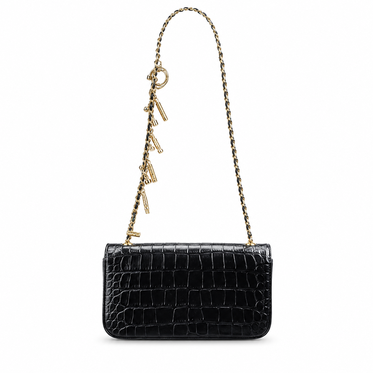 Chanel Black High-Gloss Croc-Embossed Flap Bag | Black Crystal CC Turn-Lock & Letter Charm Chain