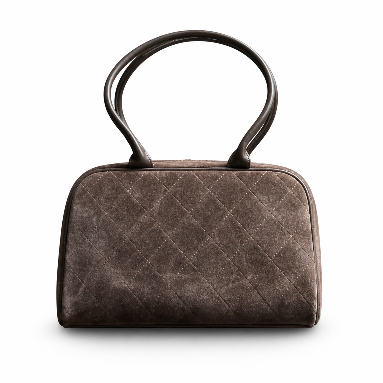 Chanel Bowling Bag Espresso Brown Diamond-Quilted Suede | CC Charm Zip Pull & Loop Handles — 29cm