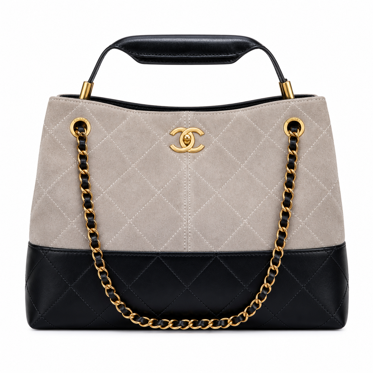 Chanel 24B Bicolor Suede Lambskin Quilted Hobo Bag Stone Black 24×36×14cm