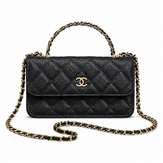 Chanel Black Quilted Caviar Mini Flap Bag | Top Handle & Gold Chain