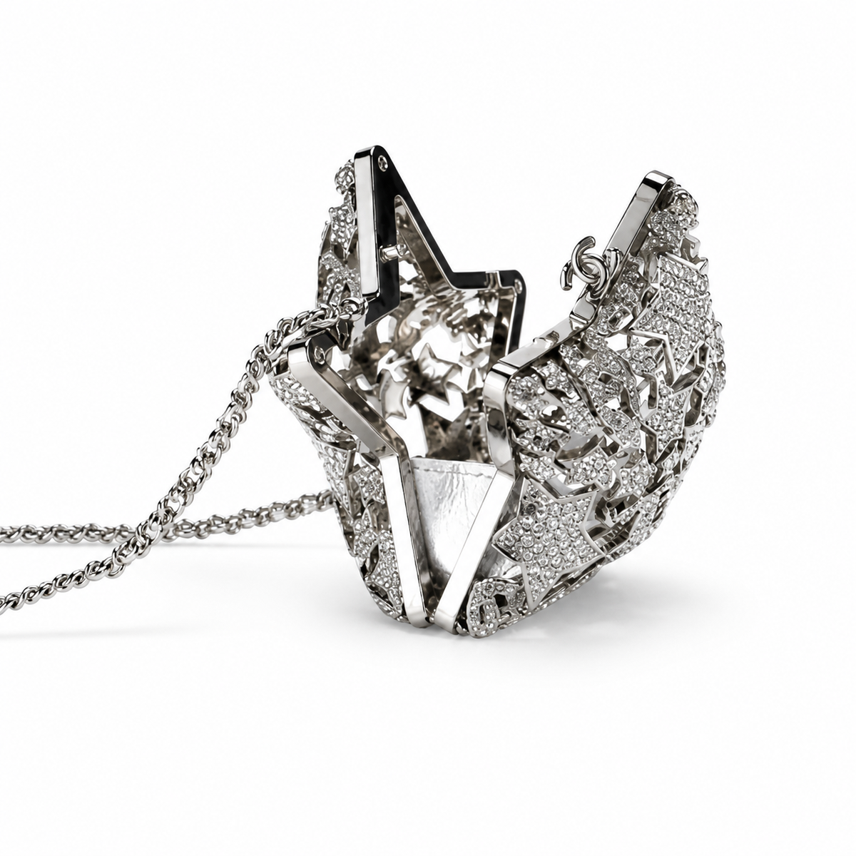 Chanel CC Pavé Crystal Star Minaudiere | Silver Filigree & Chain — 13cm