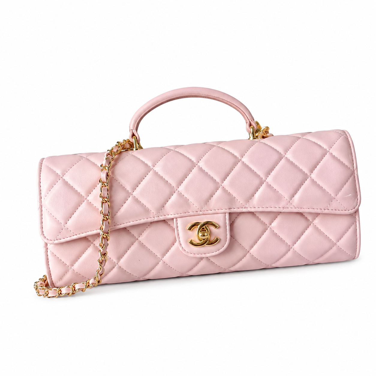 Chanel Petal Pink Diamond-Quilted Lambskin Elongated Flap Bag | Gold Heart Charms & Gold Chain