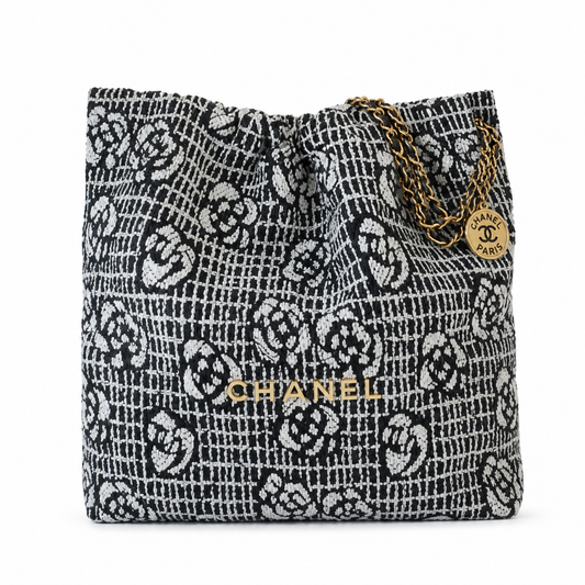 Chanel 22 Bag Large Black & White CC Jacquard Tweed | Gold Chain Handles — 42cm