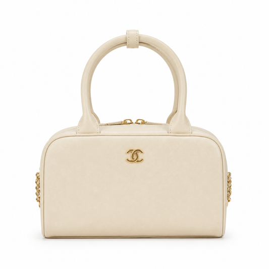 Chanel Ivory Calfskin Mini Bowling Bag | 31 Rue Cambon Emboss & Gold Chain — 21cm