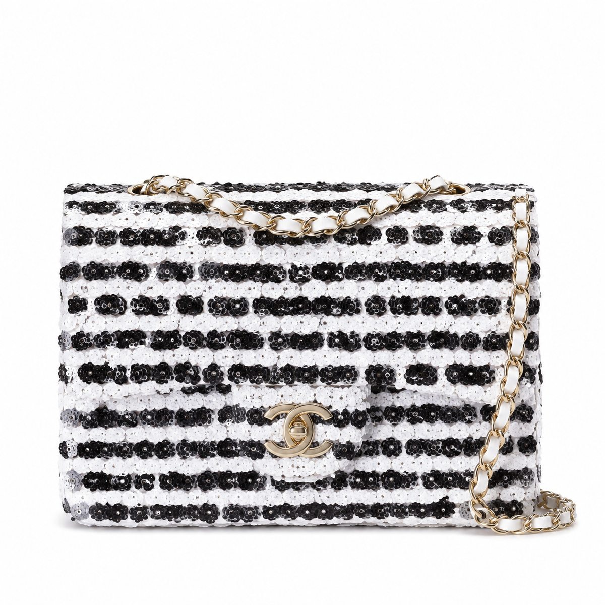 Chanel Floral Bead Stripe Flap Bag | CC Gold Chain Black White — 14x21cm