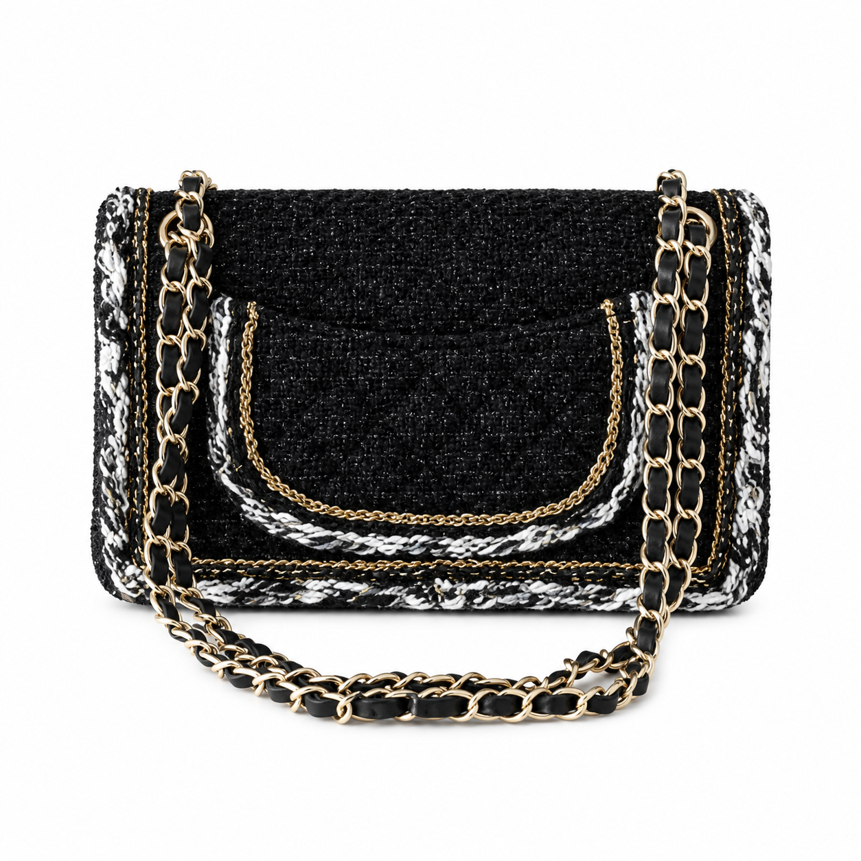 Chanel Classic Double Flap Tweed Black Gold White Trim 25cm