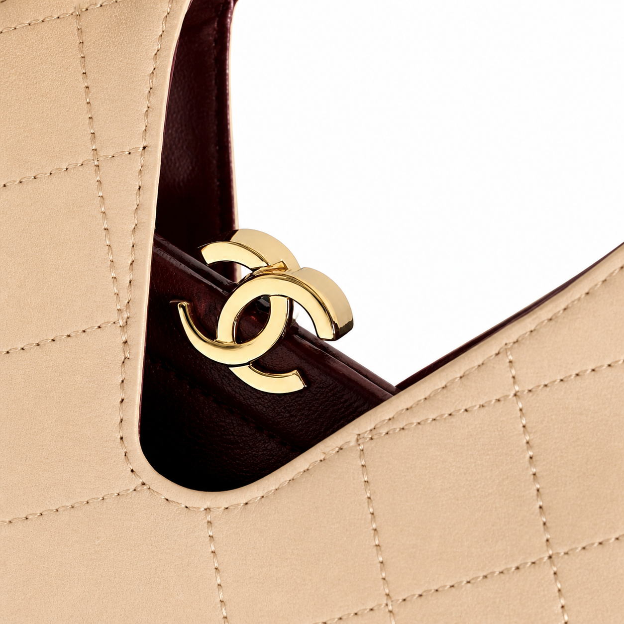Chanel Large Hobo Bag Warm Beige Diamond-Quilted Lambskin | Burgundy Interior & Gold CC Clasp — 32cm