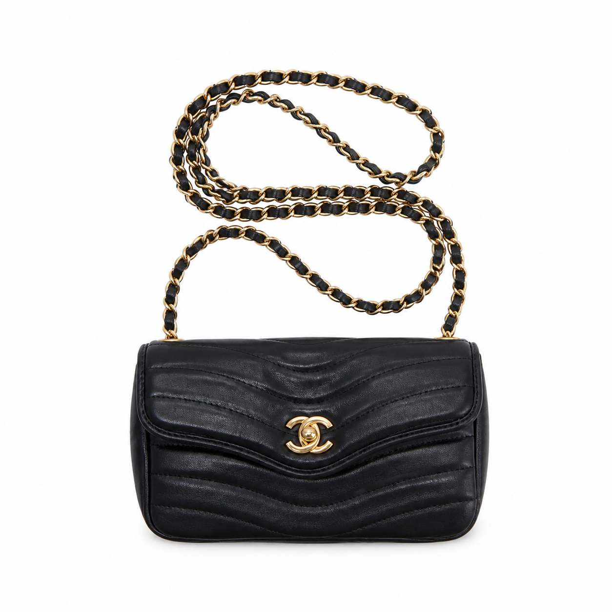 Chanel Wave-Quilted Mini Flap Black Lambskin | Gold CC Turn-Lock & Chain — 27cm