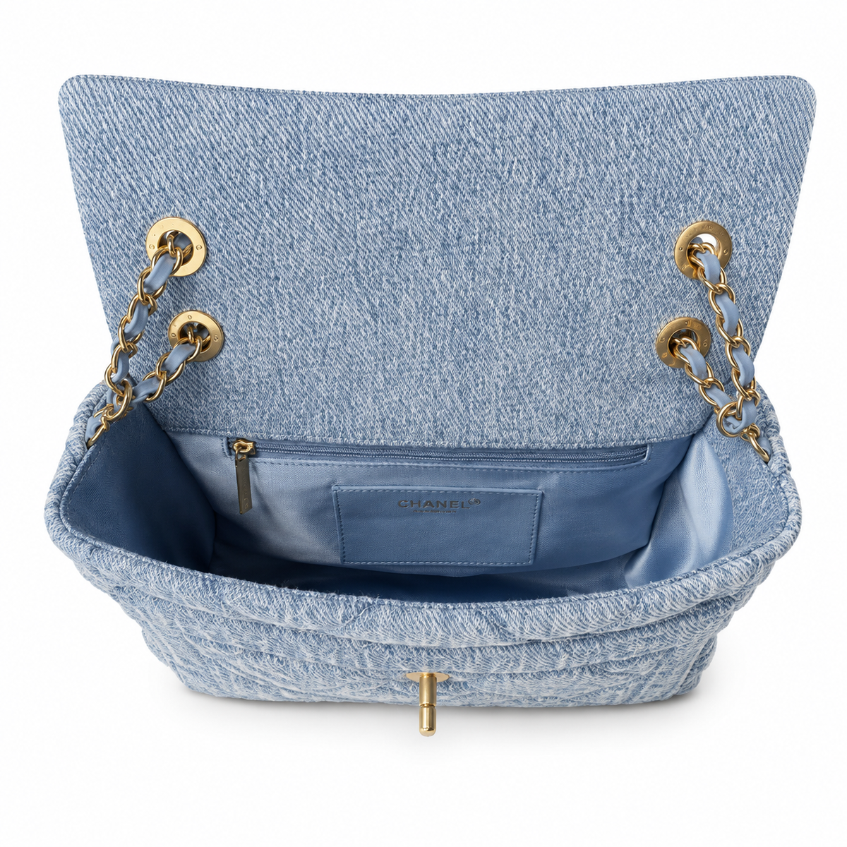 Chanel Denim Quilted Flap Bag | CC Turn-Lock Gold Chain — 18x28cm