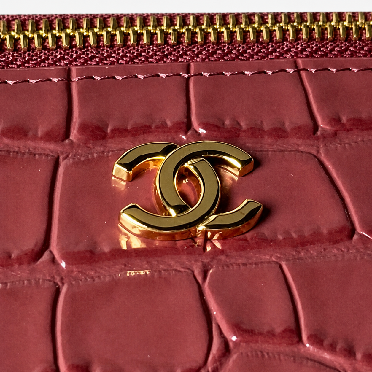 Chanel Burgundy Croc-Embossed Structured Box Bag | Full-Width Front Zip & Gold Chain
