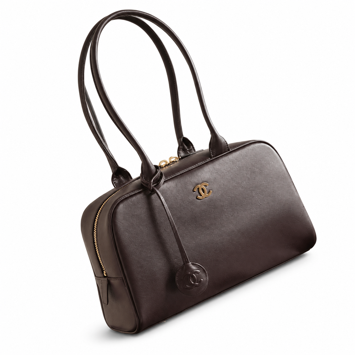 Chanel Bowling Bag Dark Chocolate Grained Leather | Dual Handles & CC Charm Ball — 29cm