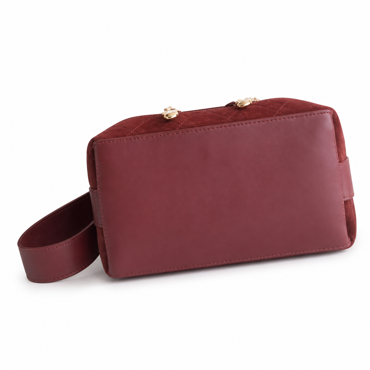 Chanel Bucket Bag Deep Burgundy Quilted Suede | Smooth Leather Strap & Gold Buckle — 23cm