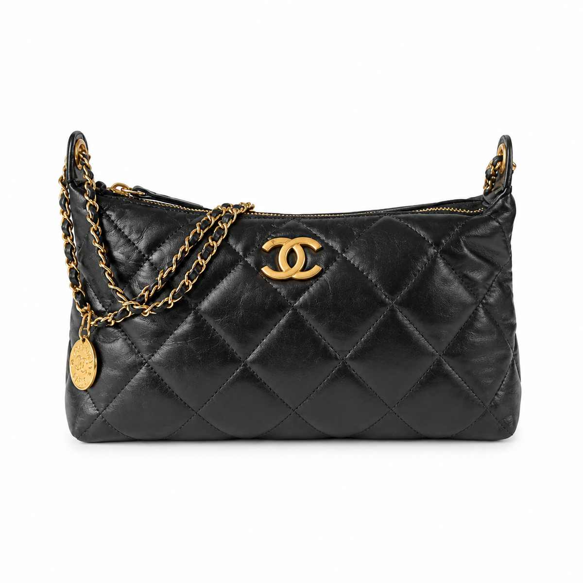 Chanel 22 Soft Pouch Black Aged Shiny Lambskin | Oversized Diamond Quilt & Gold Coin Tag — 26cm