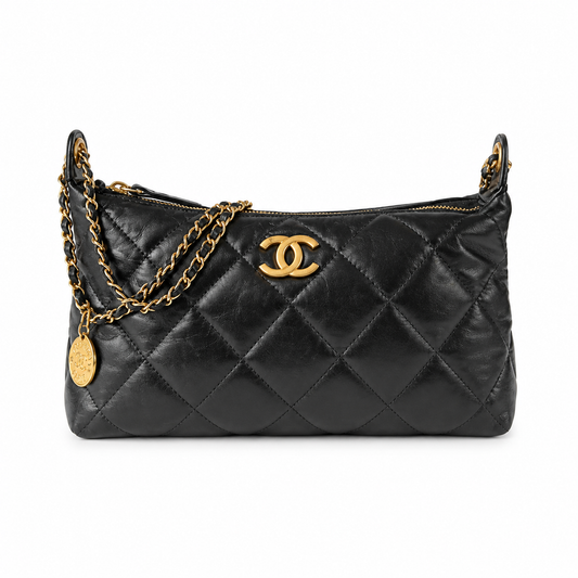 Chanel 22 Soft Pouch Black Aged Shiny Lambskin | Oversized Diamond Quilt & Gold Coin Tag — 26cm