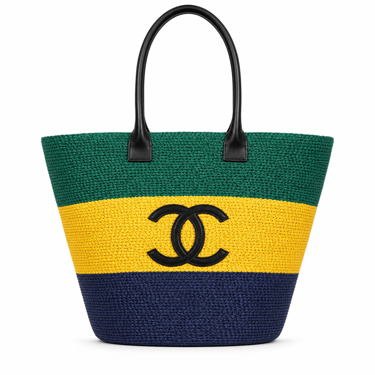 Chanel Green, Yellow & Navy Raffia Market Tote | Black CC & Leather Handles — 58cm