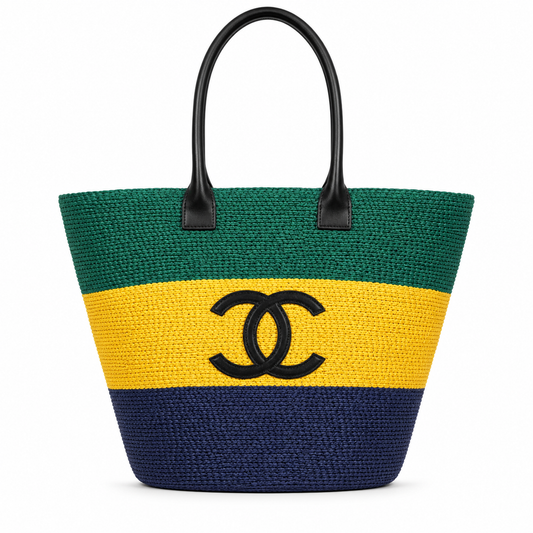 Chanel Green, Yellow & Navy Raffia Market Tote | Black CC & Leather Handles — 58cm