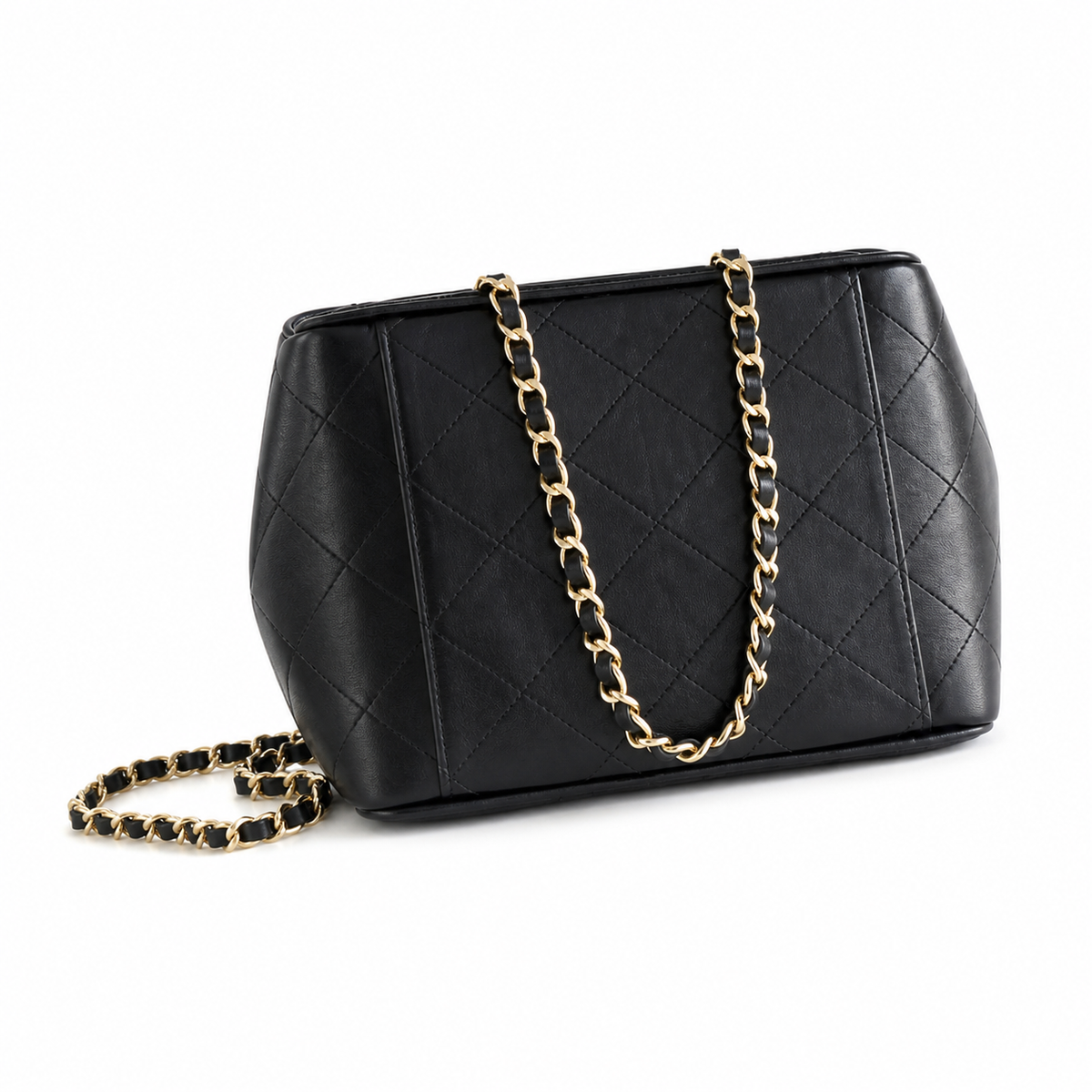 Chanel Small Shopping Tote Black Quilted Lambskin | Oversized Embossed CC & Gold Chain — 21cm