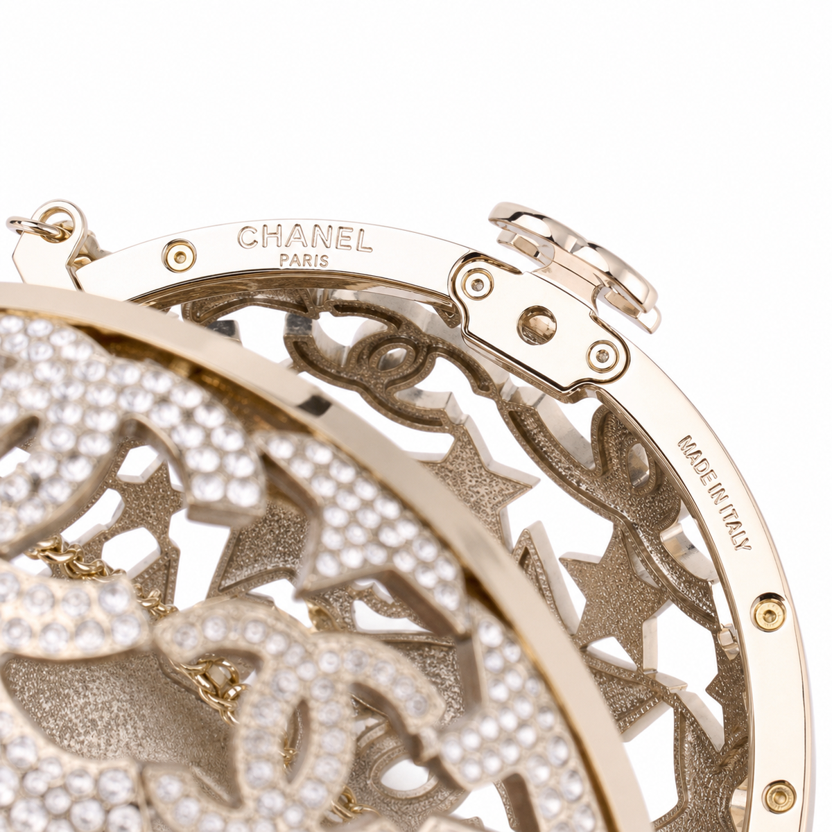 Chanel CC Crystal Star Globe Minaudiere | Gold Filigree & Chain — 13cm