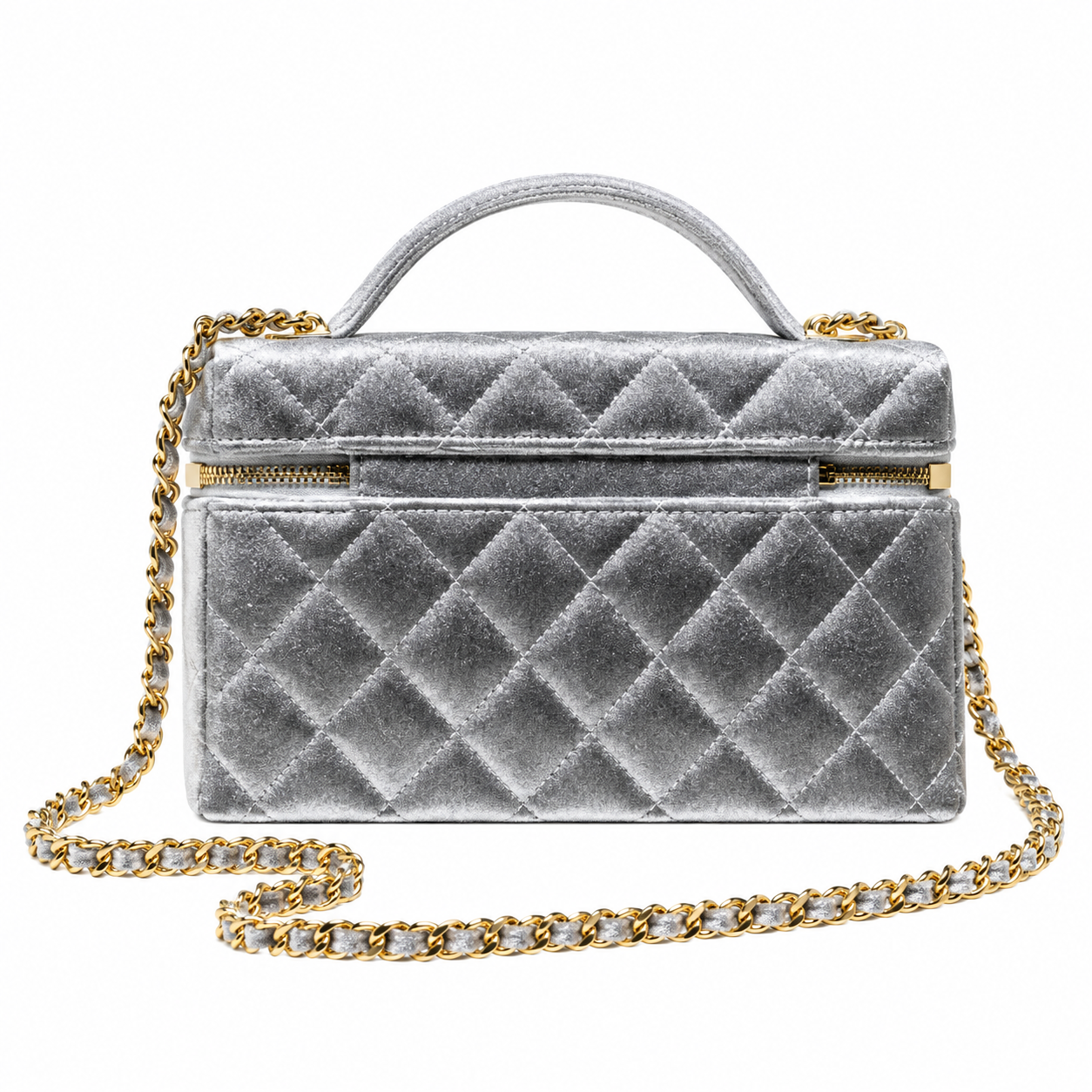 Chanel Quilted Silver Metallic Vanity Case Bag Pearl Chain 19.5cm