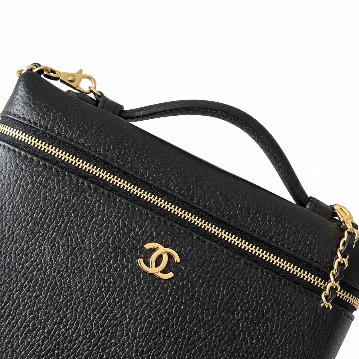 Chanel Black Pebbled Leather Camera Bag | Dual-Zip Top, Top Handle & Gold Leather-Woven Chain