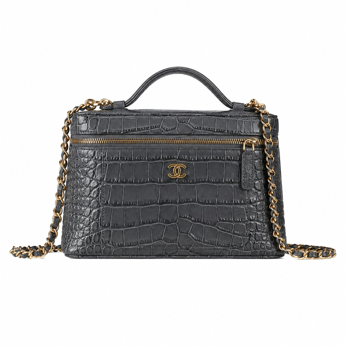 Chanel Slate Grey Croc-Embossed Structured Box Bag | Full-Width Front Zip & Antique Gold Chain