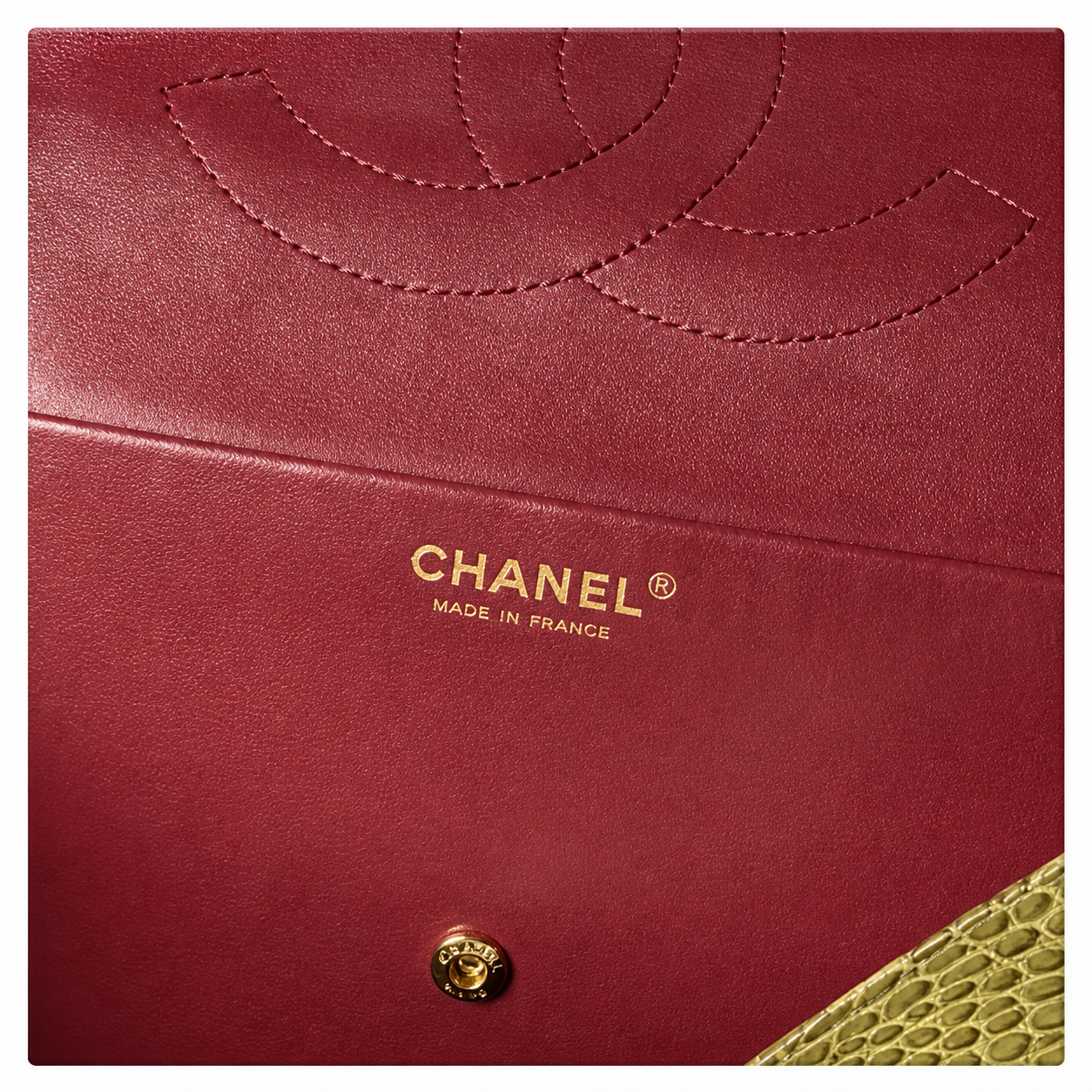 Chanel Classic Double Flap Bag Olive Green Crocodile-Embossed Leather | Gold CC — 32cm