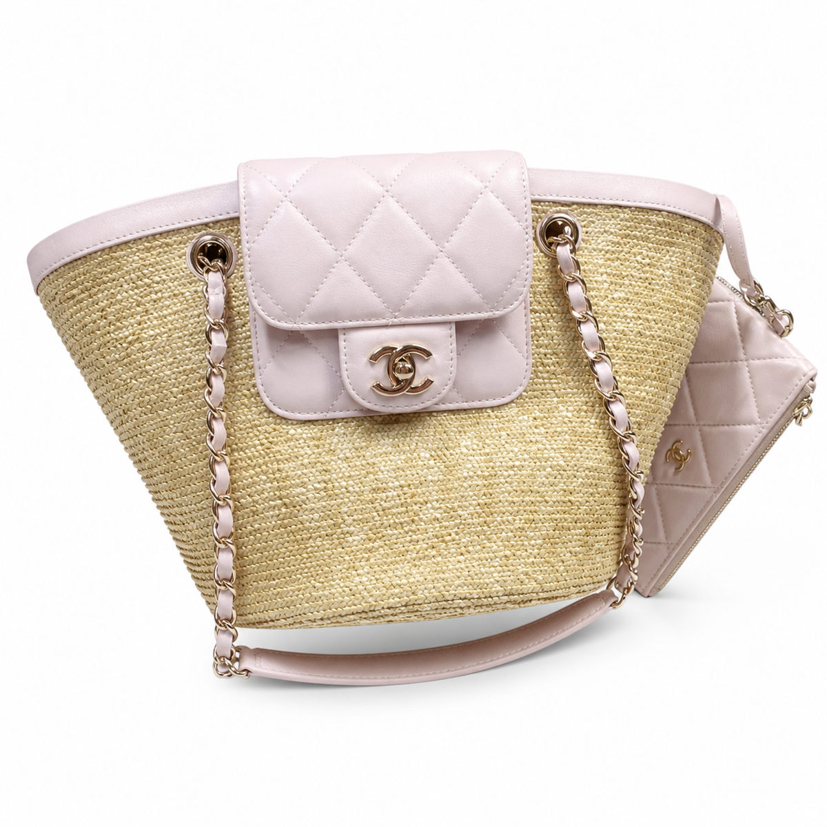 Chanel Large Shopping Tote Blush Pink Smooth Lambskin | Gold CC Disc Buttons & Chain Strap — 41cm