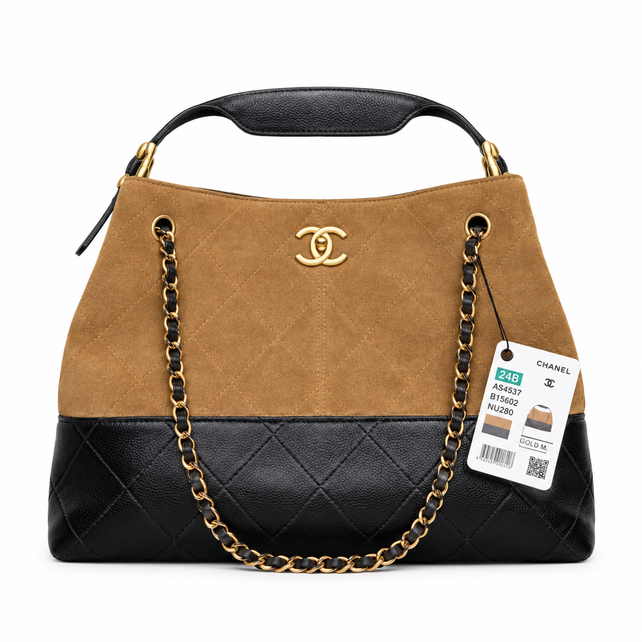 Chanel 24B Bicolor Suede Caviar Quilted Hobo Bag Camel Black 24×36×14cm